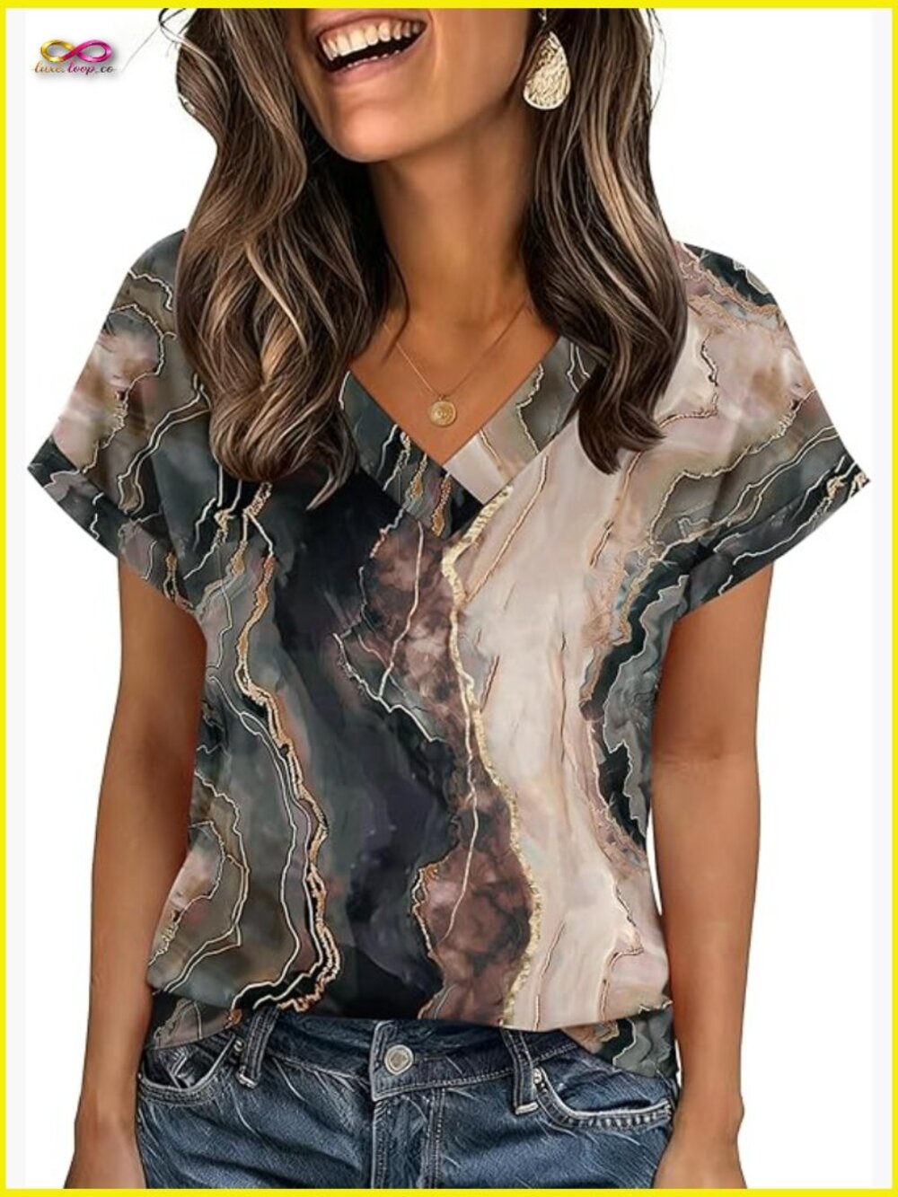 Rolled Short Sleeve V Neck Blouse Casual Business Work Top Dressy Summer